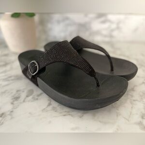 FitFlop Electra Lulu Sandal L 9-10 Black Crystals Wedge Platform Thong Buckle
